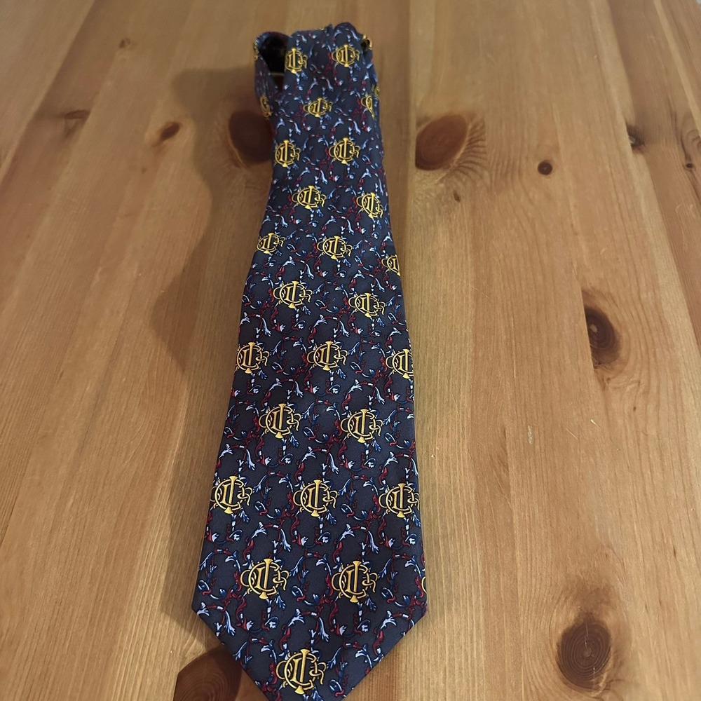 Christian Dior Monsieur Silk Tie Navy Blue Gold CD Logo Crest Made in France